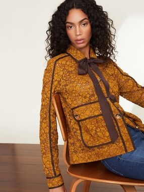 Veronica Beard Coppola Floral Lace Jacket Blazer Ochre Mustard Pockets Size 8